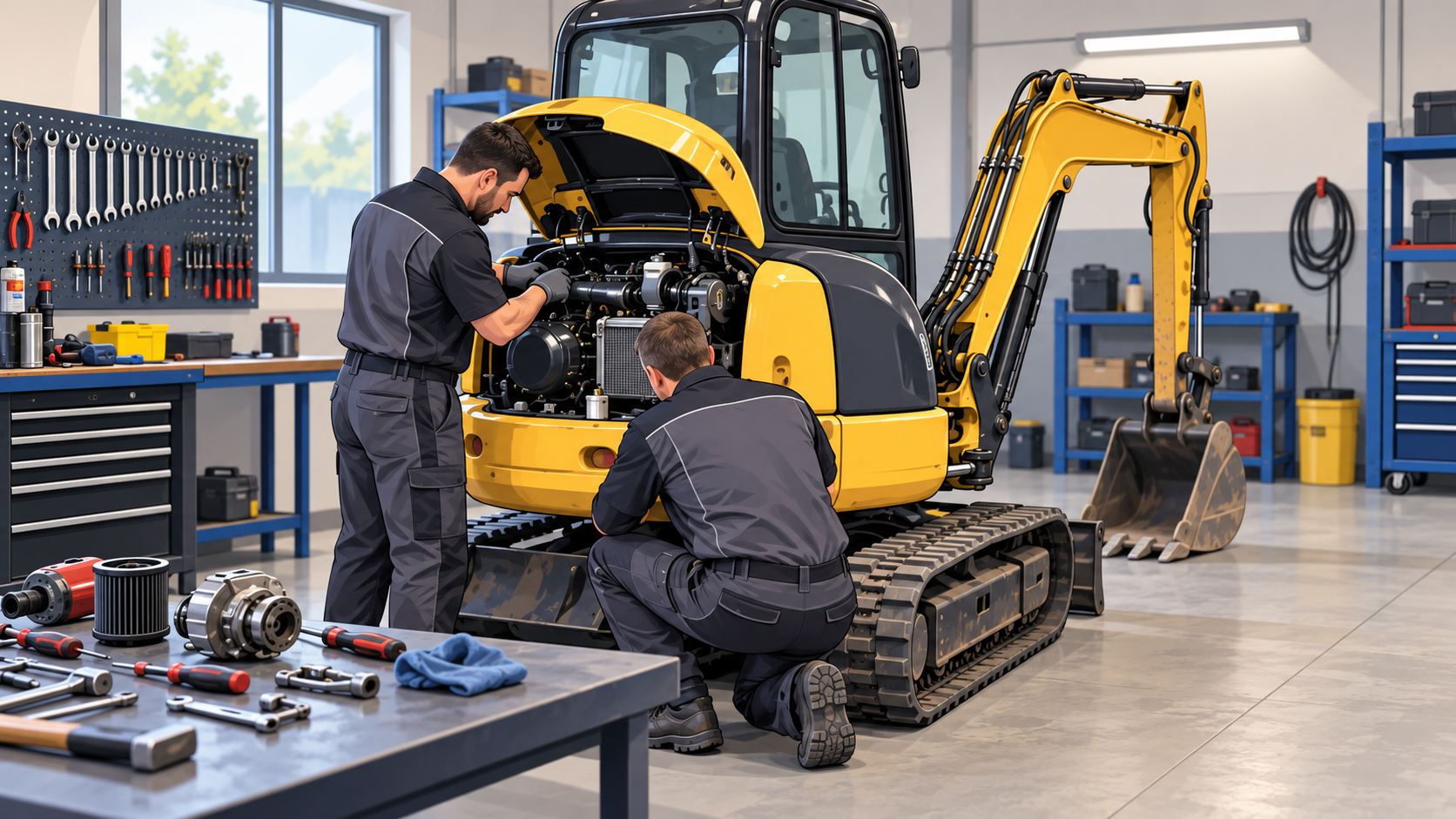 Nuestros mecánicos revisando el motor de una miniexcavadora en el taller